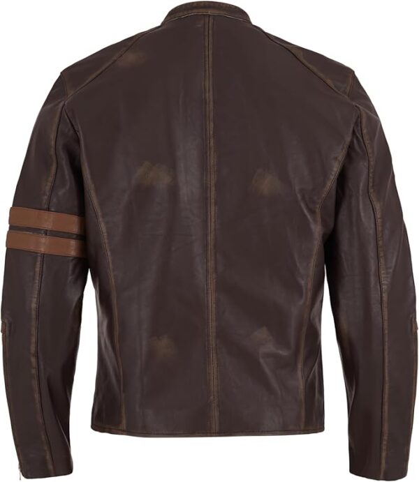 BH Men's Vintage Distressed Brown Leather Jacket – Café Racer Motorcycle Jacket with Stand Collar & Stripe Sleeve Design