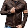 BH Men's Vintage Distressed Brown Leather Jacket – Café Racer Motorcycle Jacket with Stand Collar & Stripe Sleeve Design