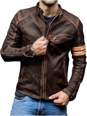 BH Men's Vintage Distressed Brown Leather Jacket – Café Racer Motorcycle Jacket with Stand Collar & Stripe Sleeve Design