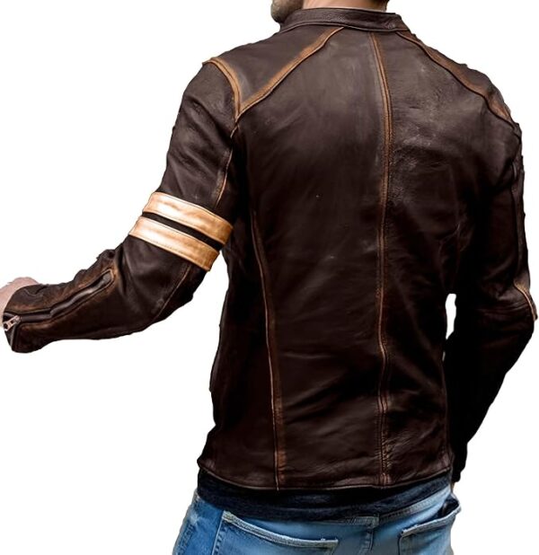 BH Men's Vintage Distressed Brown Leather Jacket – Café Racer Motorcycle Jacket with Stand Collar & Stripe Sleeve Design