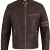 BH Men's Vintage Distressed Brown Leather Jacket – Café Racer Motorcycle Jacket with Stand Collar & Stripe Sleeve Design