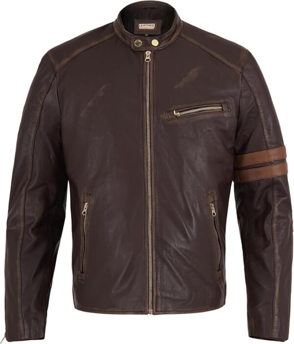 BH Men's Vintage Distressed Brown Leather Jacket – Café Racer Motorcycle Jacket with Stand Collar & Stripe Sleeve Design