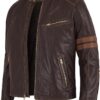 BH Men's Vintage Distressed Brown Leather Jacket – Café Racer Motorcycle Jacket with Stand Collar & Stripe Sleeve Design