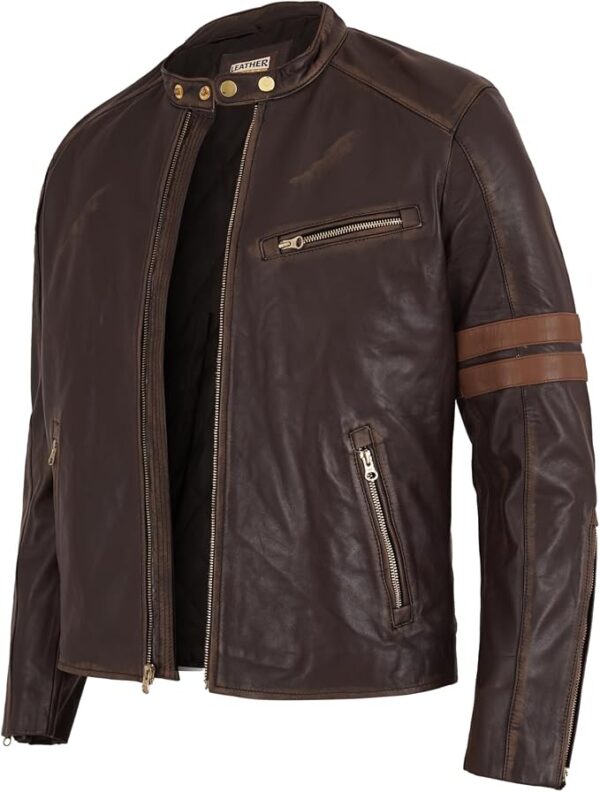 BH Men's Vintage Distressed Brown Leather Jacket – Café Racer Motorcycle Jacket with Stand Collar & Stripe Sleeve Design